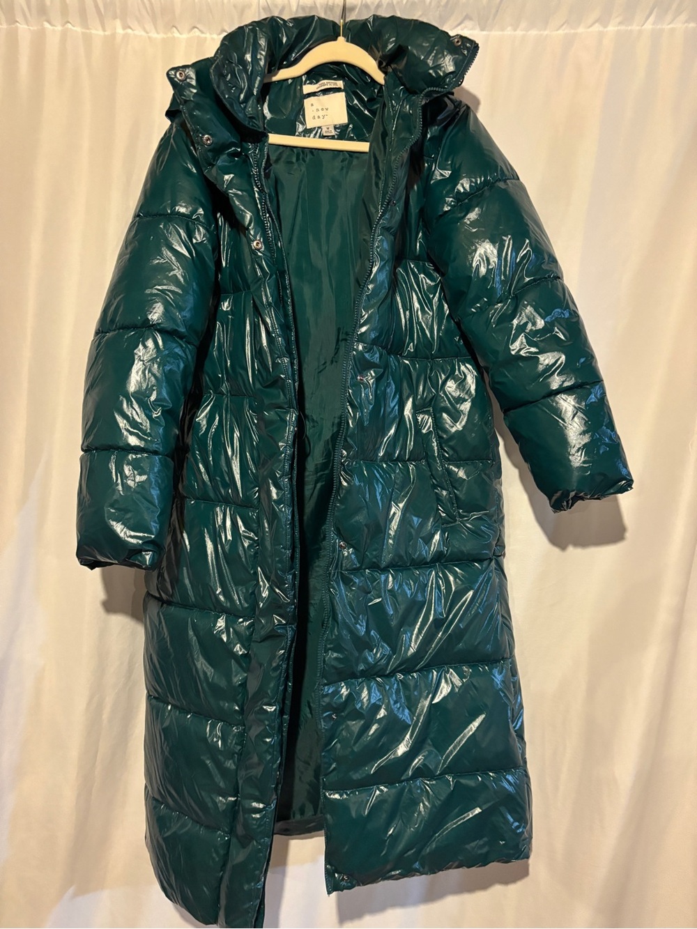 a new day Teal Shiny Long Hooded Puffer Coat